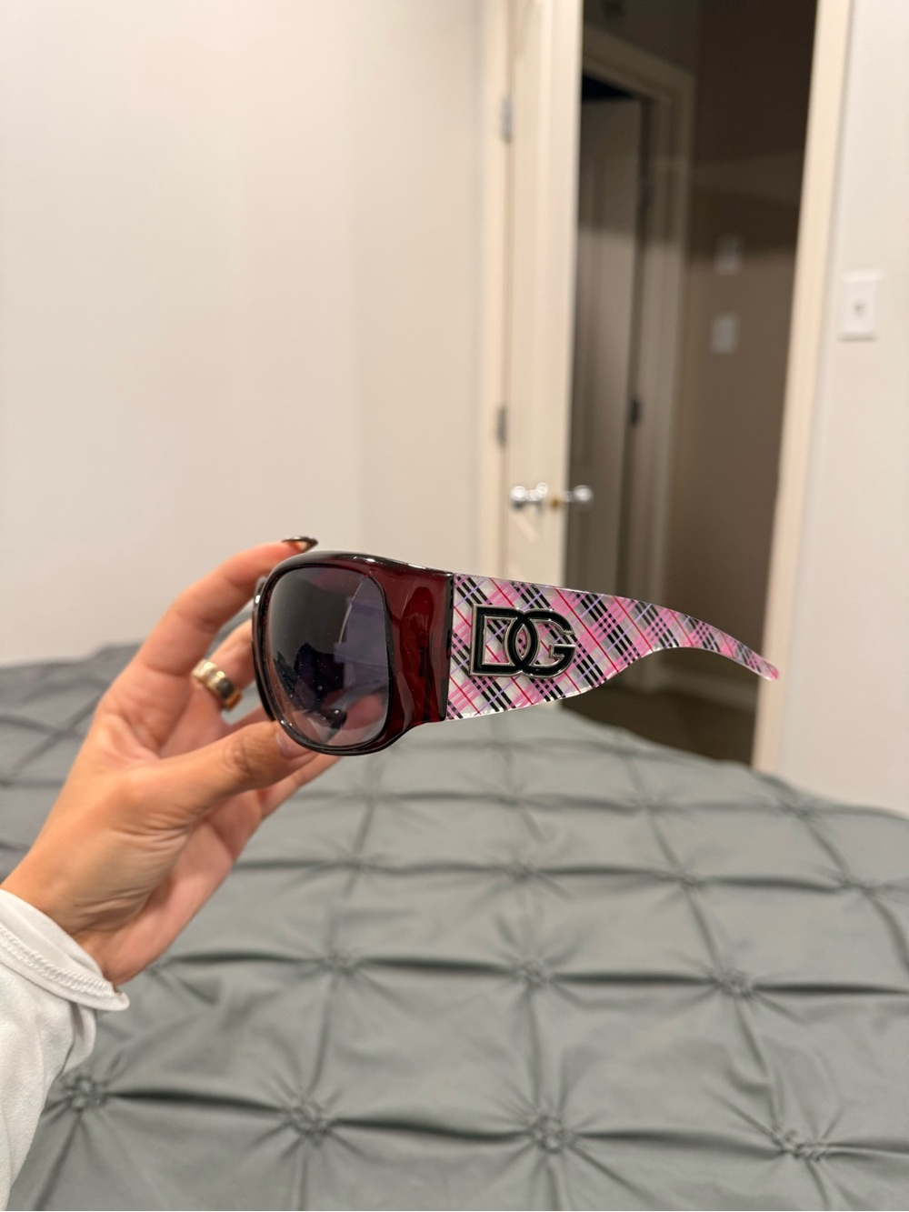 D&G Burgundy Front Pink Plaid Temple Women's Sunglasses